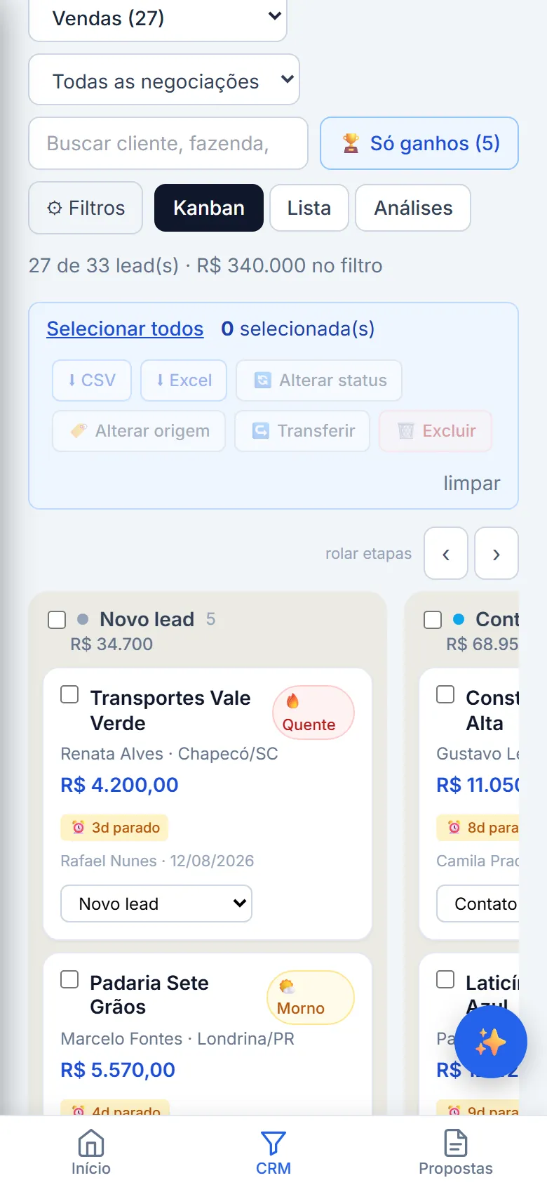 Funil de vendas em kanban, no celular