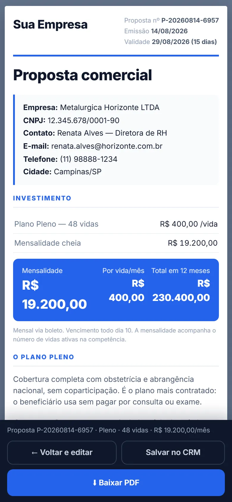 Proposta comercial gerada, pronta para conferência