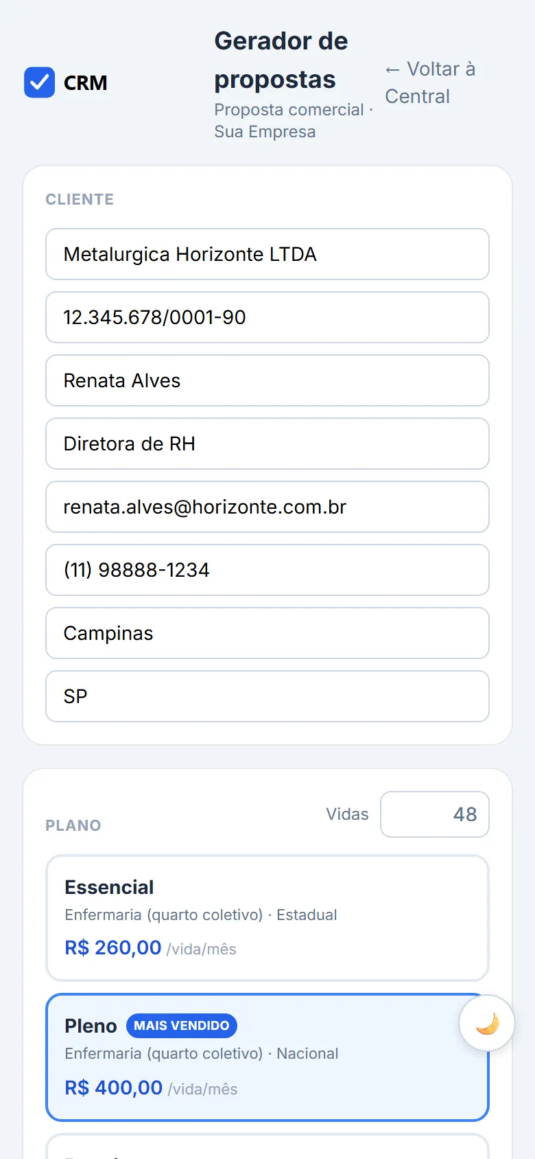 Formulário do gerador de propostas no celular
